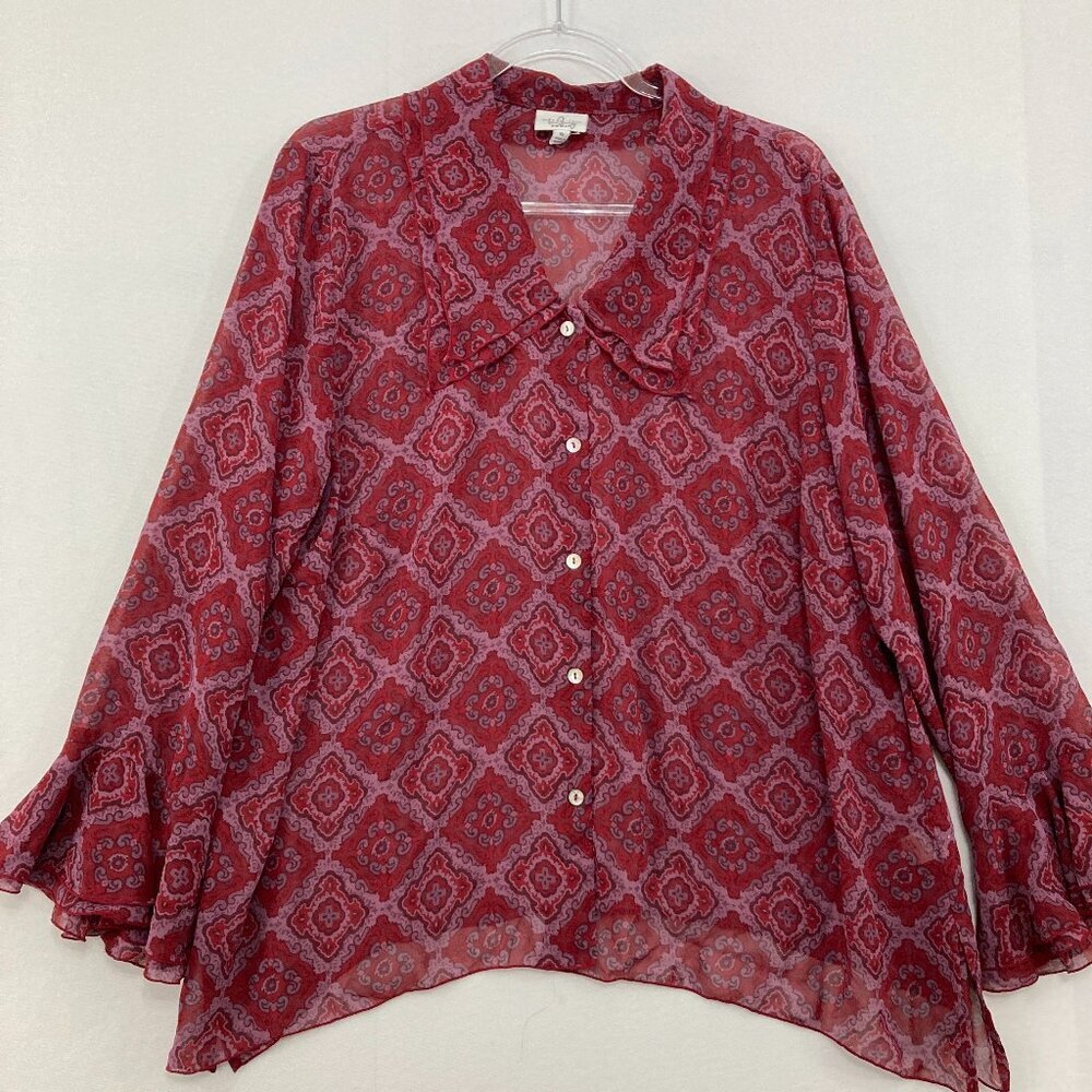 True Beauty by Emme size 16 Burgundy Abstract Flare Sleeve Boho Chiffon Blouse